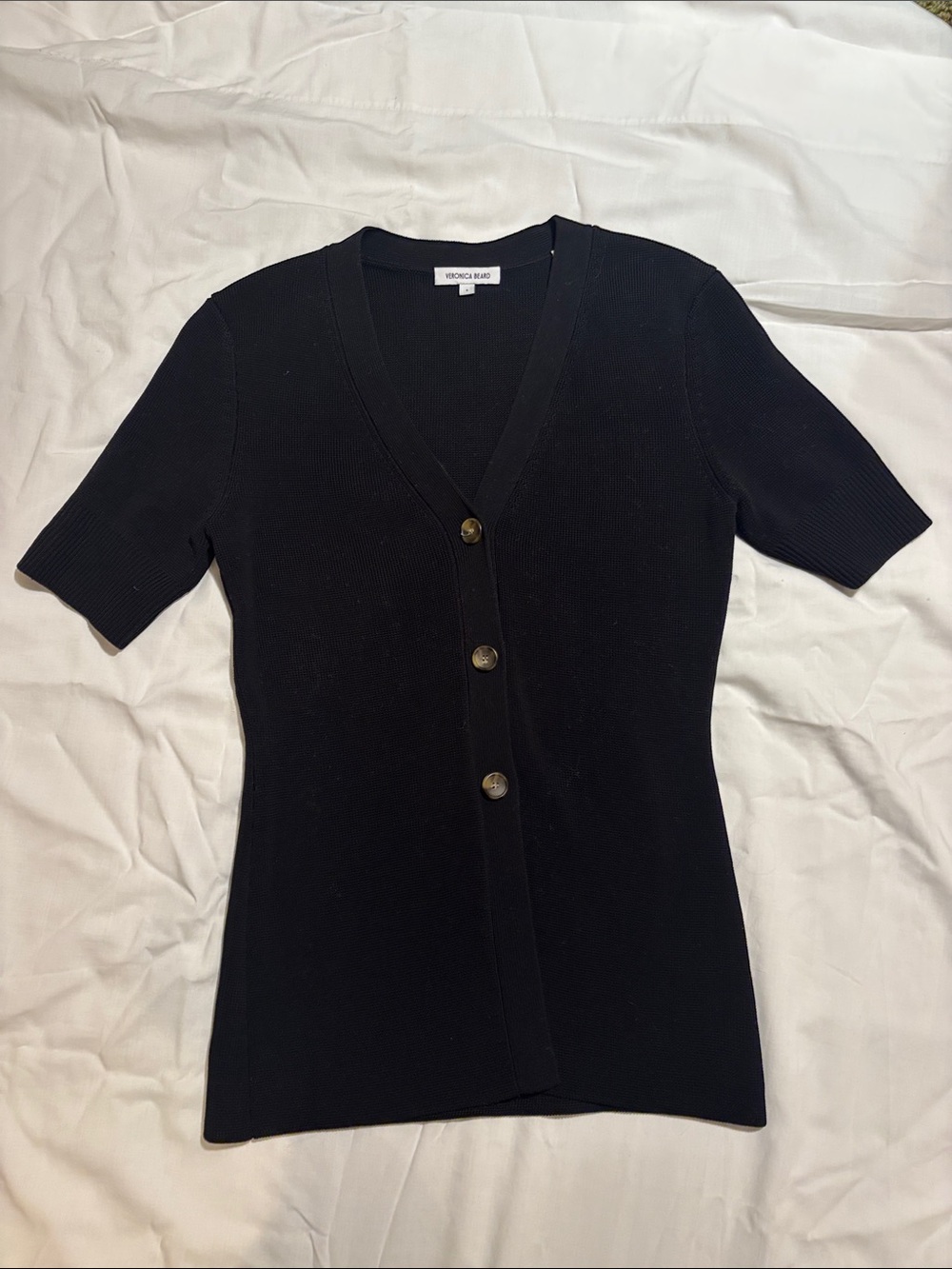 Veronica Beard Black Short-Sleeve V-Neck Button Front Knit Top